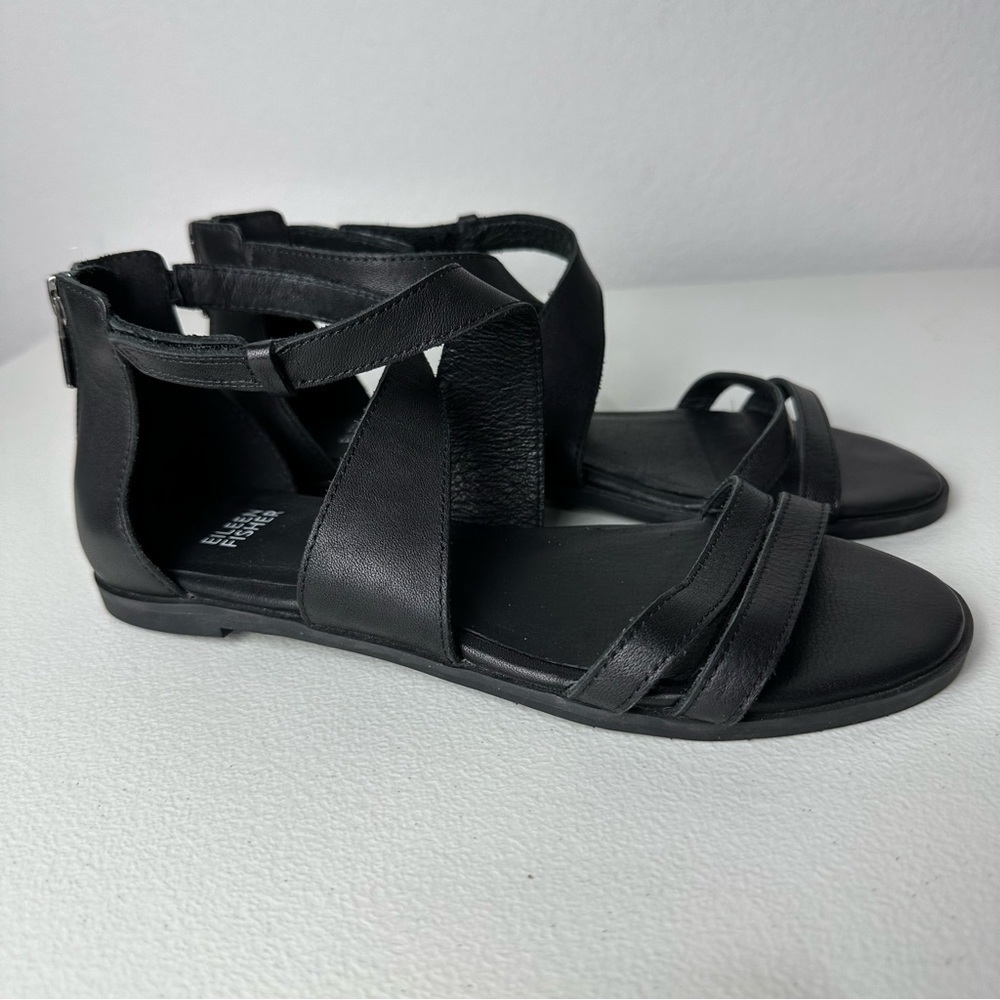 Eileen Fisher Black Cici Strappy Leather Open Toe Sandals Size 7